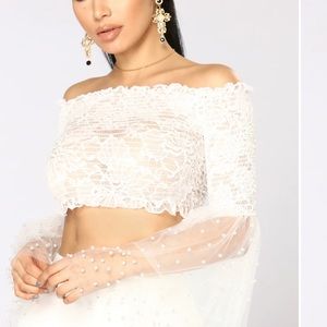 🌺 Pearls Lace Long Bell Sleeve White Off the Shoulder Fairie  Crop Top…